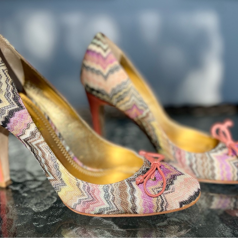 Authentic Missoni Stiletto Heels – Signature Zigzag Knit, 4” Heel, Bow Detail